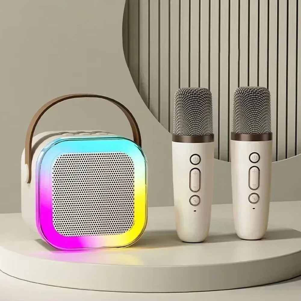 Mini Bluetooth Portable Karaoke Speaker with 2 Wireless Microphones - BEIGE