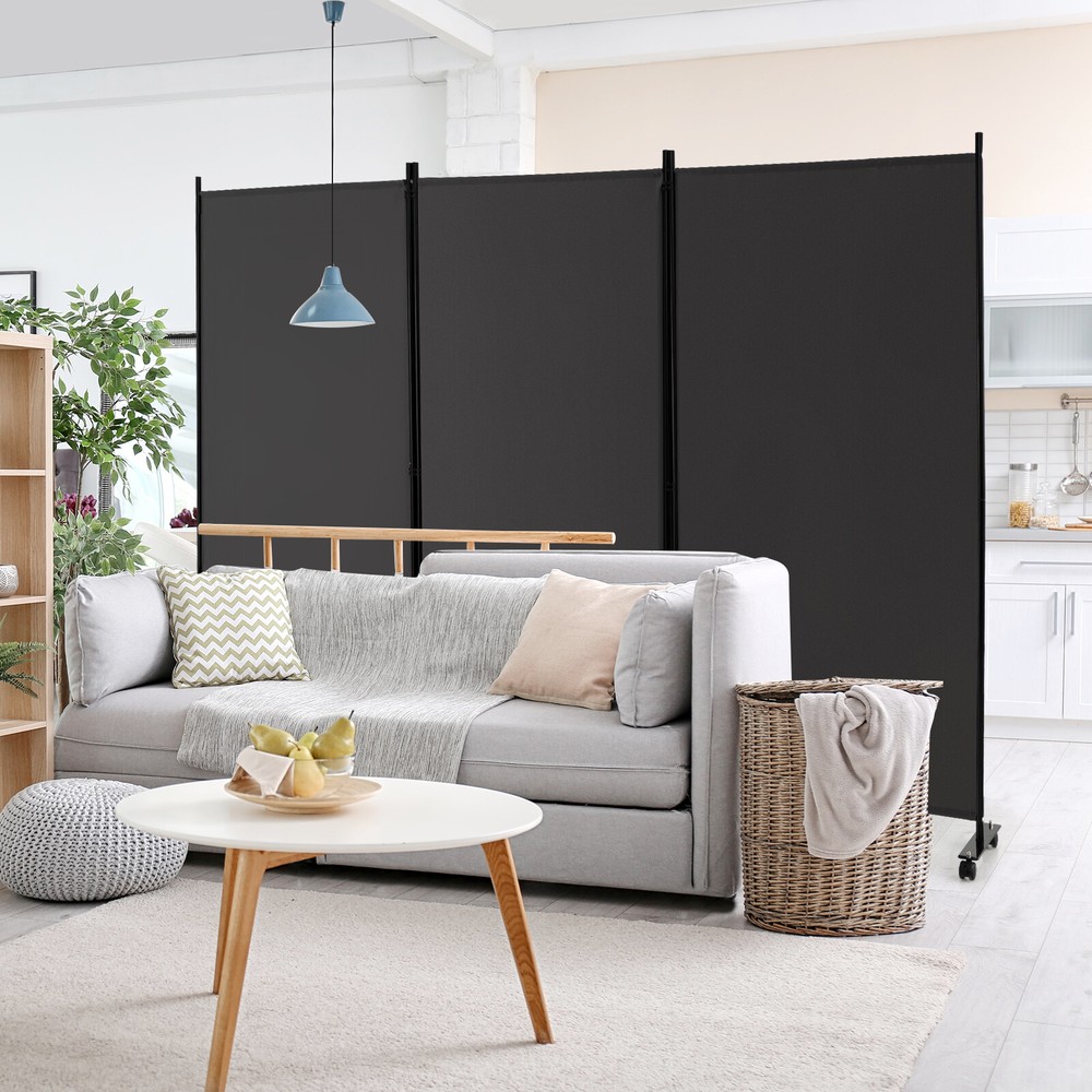 3-Panel Folding Room Divider 6Ft Rolling Privacy Screen w/Lockable Wheels Grey