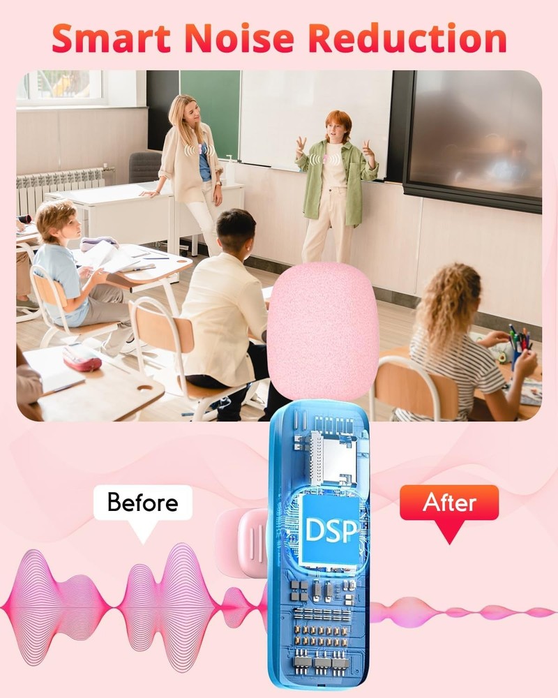 Pink Mini Wireless Microphone for iPhone & Android, Lavalier Microphone with Noi