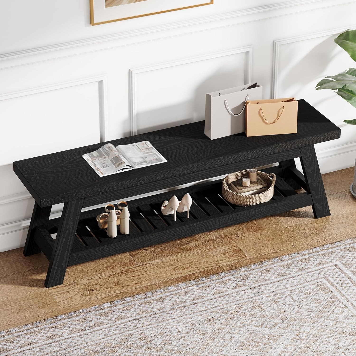 55'' Wooden Entryway Bench Narrow Hallway Foyer Seating Bench with Shoe Storage