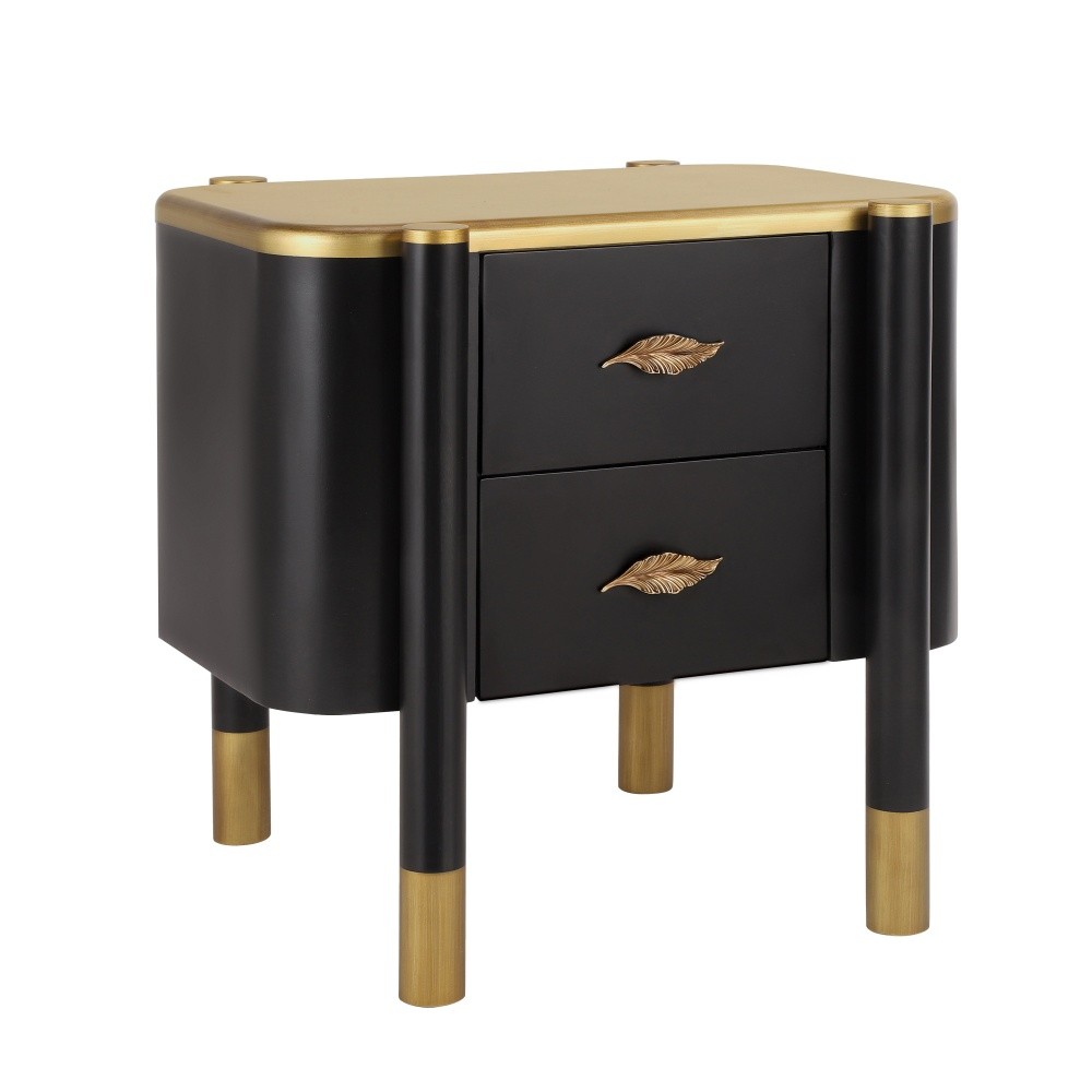 Bedside Table with Two Drawers Featuring metal feather handles Exposed legs