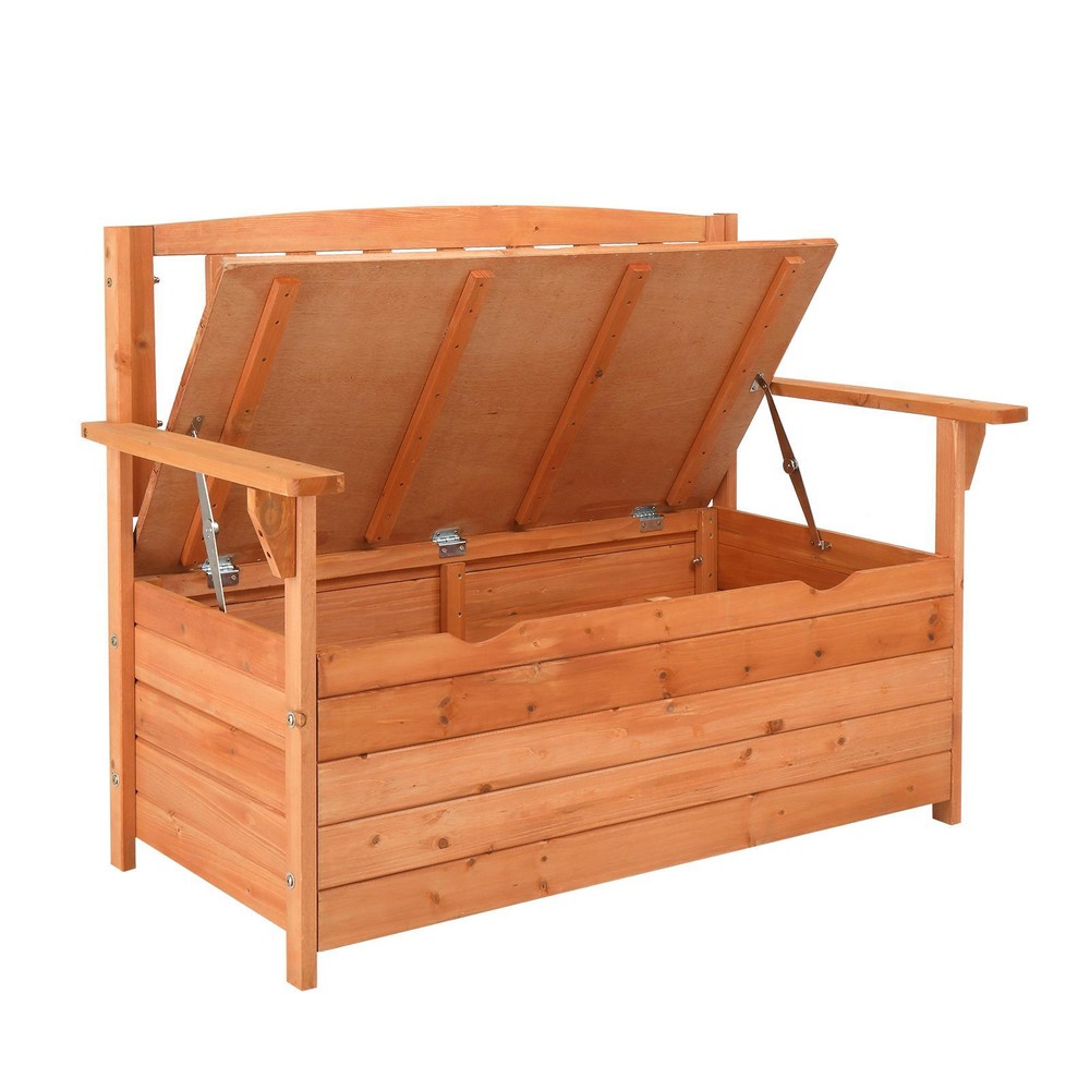 Yard Storage Bench Deck Box Wood Seating Container Tools Toys with Backrest