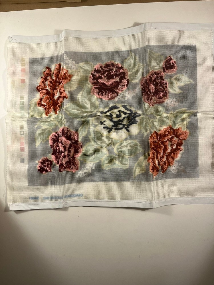 Something Special Needlepoint Kit #30681 "Roses on Blue Pillow" - Started