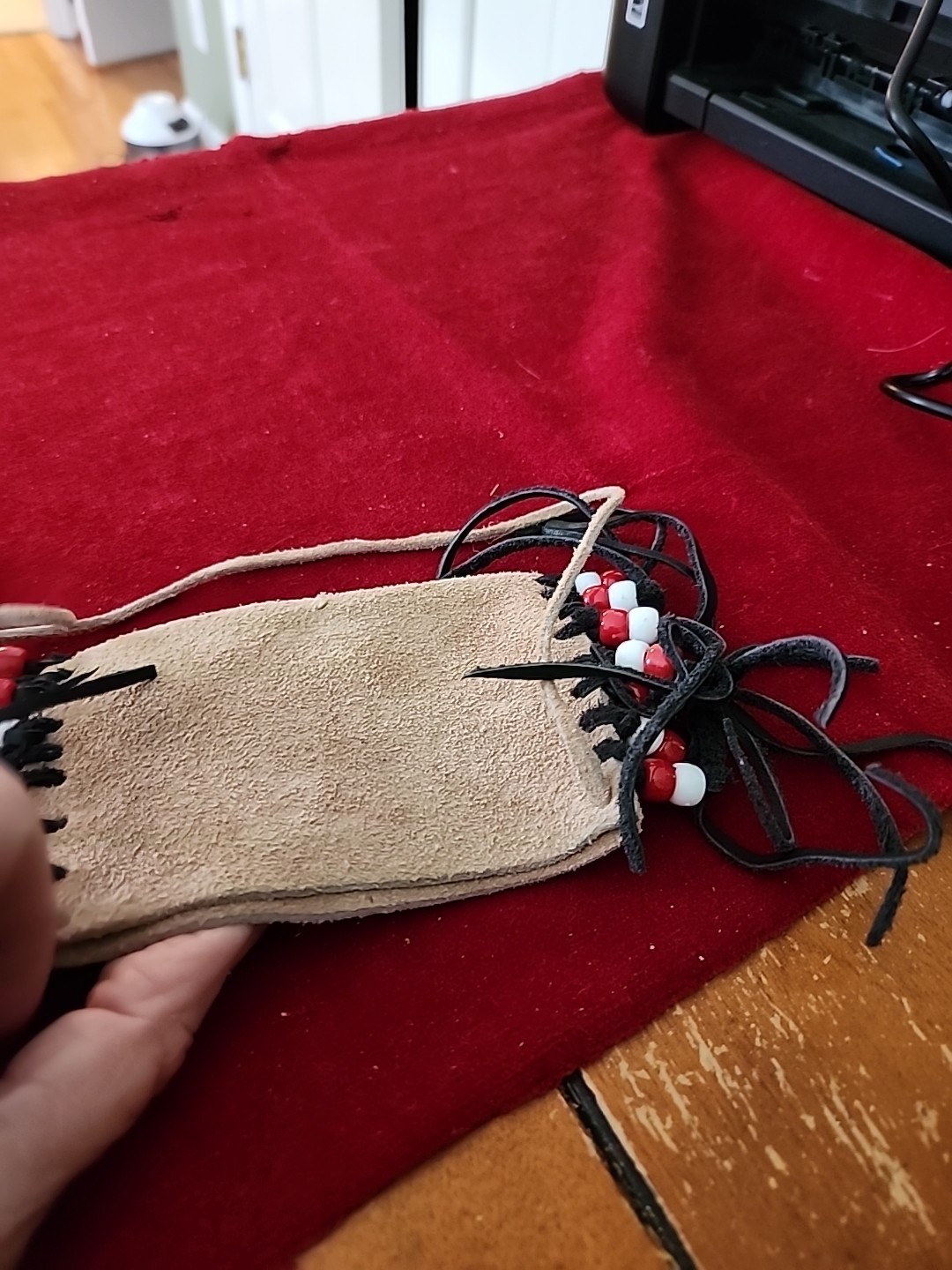 Native American Leather Pouch, Red/white Beads, Cherokee Made, COA #723