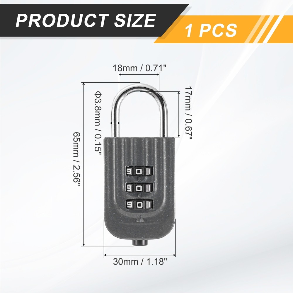 Resettable 3 Digit Combination Lock Code Padlock, Gray (65 x 30mm)