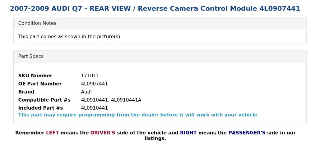 2007-2009 AUDI Q7 - REAR VIEW / Reverse Camera Control Module 4L0907441
