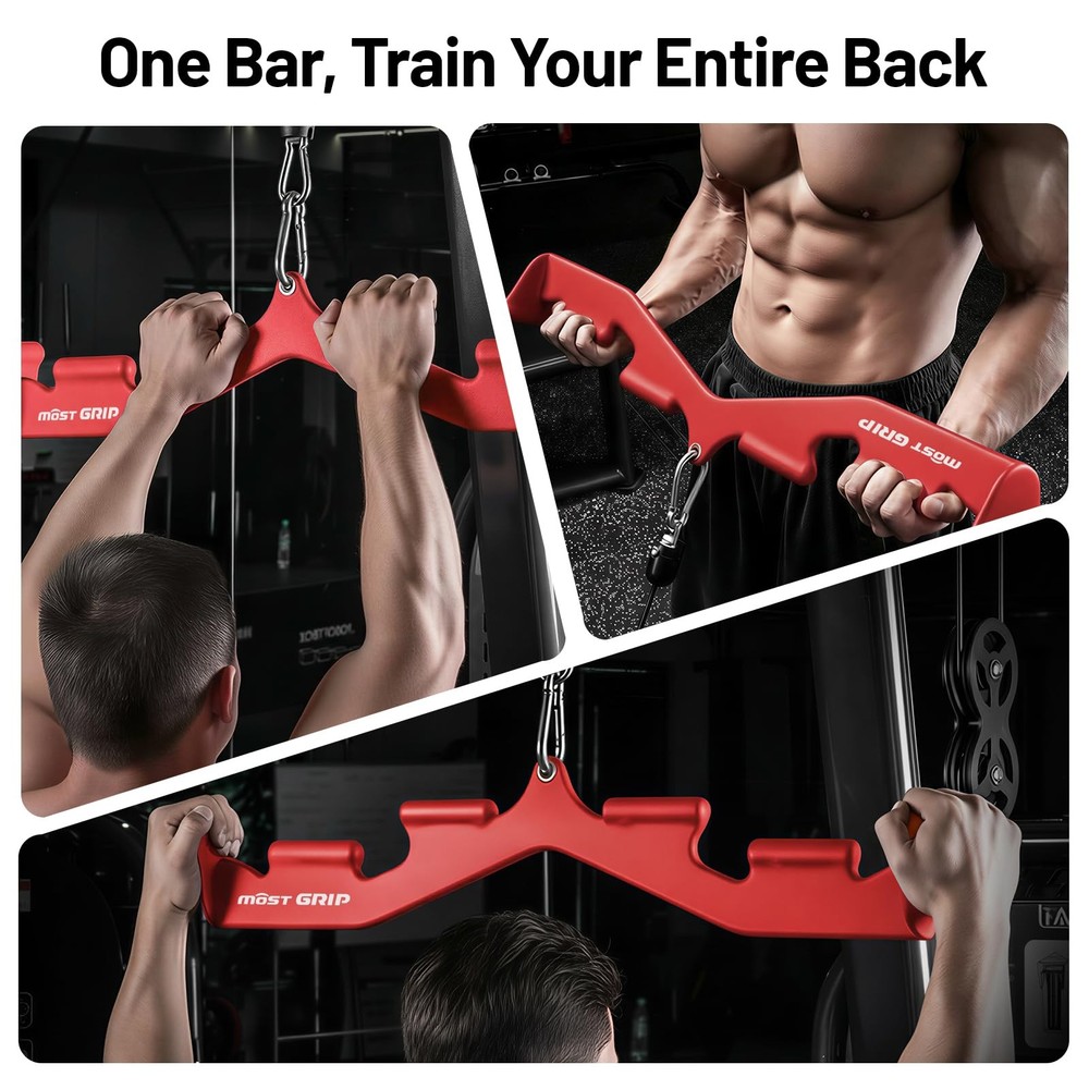 MOST GRIP LAT Pull Down Bar with 6 Ergonomic Handles, Neutral Grip Red