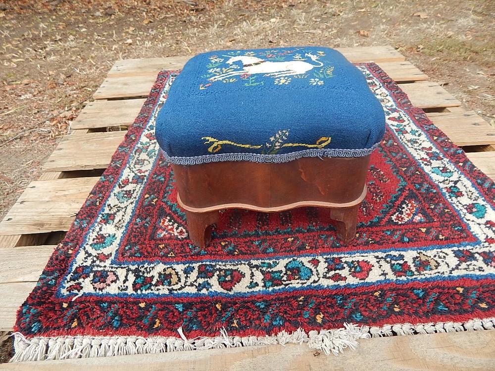 Antique Victorian Unicorn Fine Needlepoint Small Stool