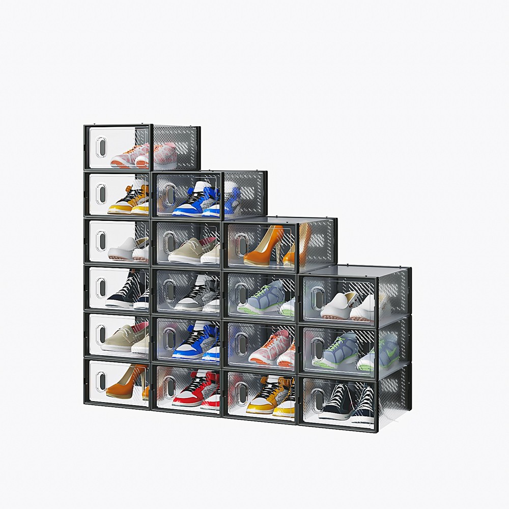 Black Small 18-Piece Shoe Storage Box Set – Plastic Mesh & Stackable Design
