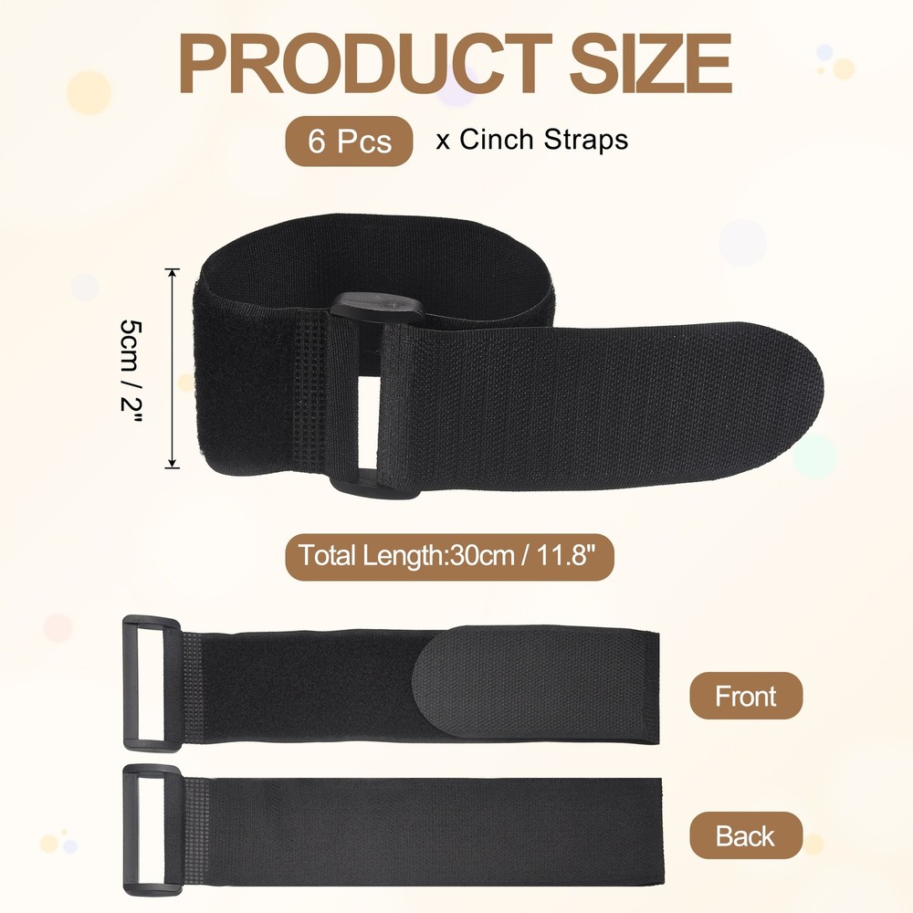 6pcs Reusable Cinch Straps 2"x11.8" Hook and Loop Cable Securing Straps, Black