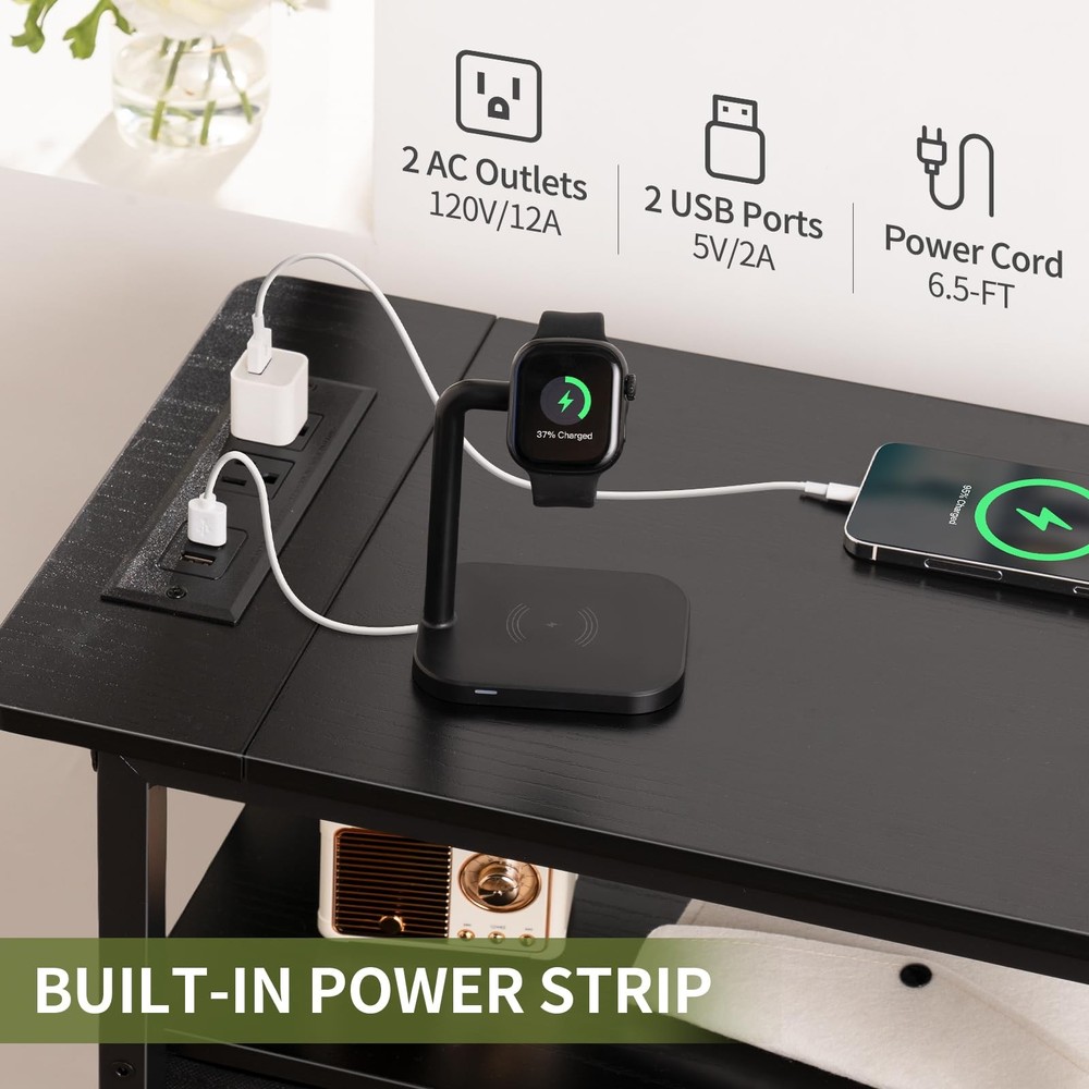 Yoobure End Table with Charging Station, Narrow Side Table with Adjustable Fa...