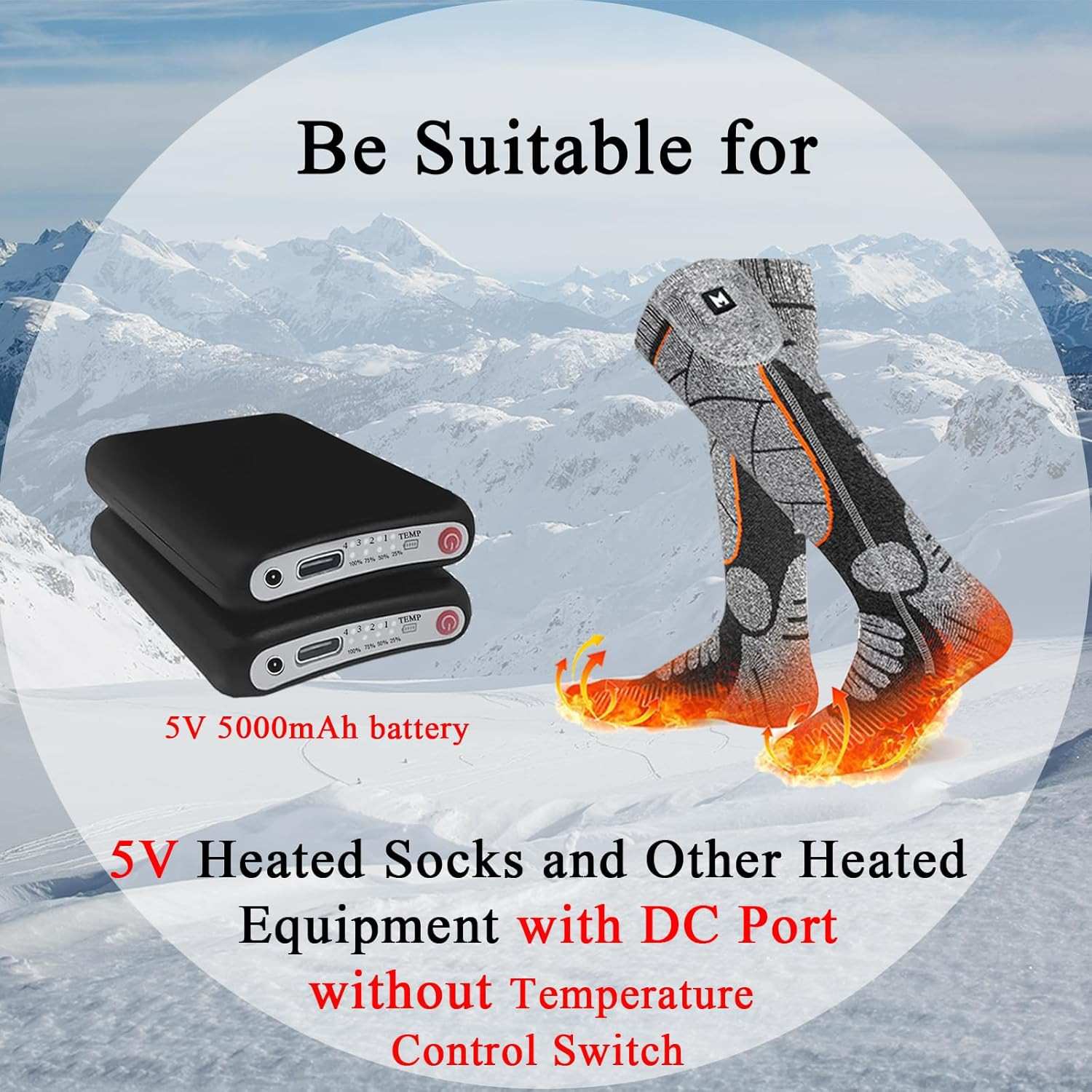 2Pack 5V 5000Mah Li-Polymer Rechargeable Batteries for Heated Socks with DC Port