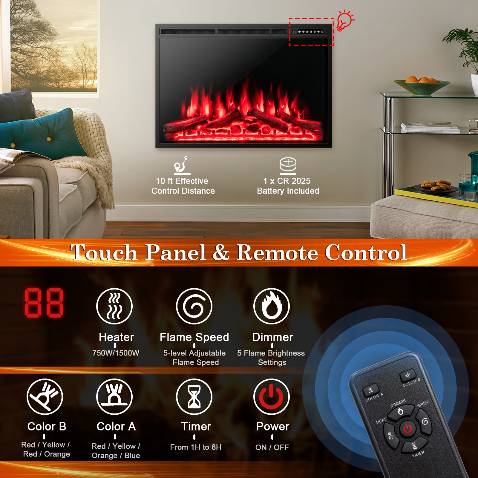 37" Electric Fireplace Insert Heater Log Flame Effect w/ Remote Control 1500W