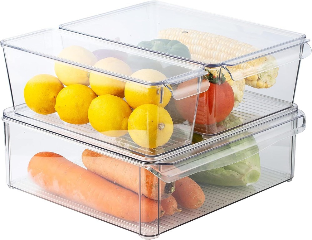 SIMPLEMADE Clear Refrigerator Organizer Bins with Lids - Stackable 3