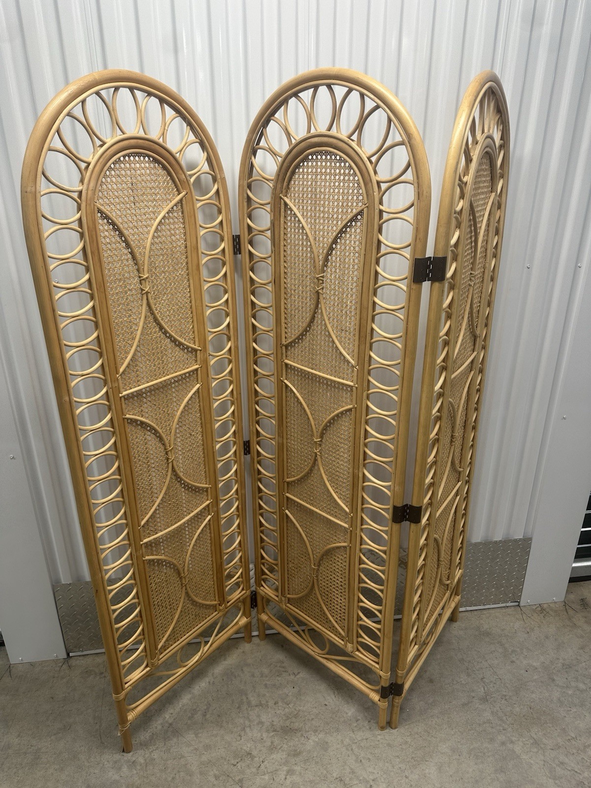 Vintage Boho Chic Bamboo Rattan 3-Panel Room Divider Screen MCM Retro