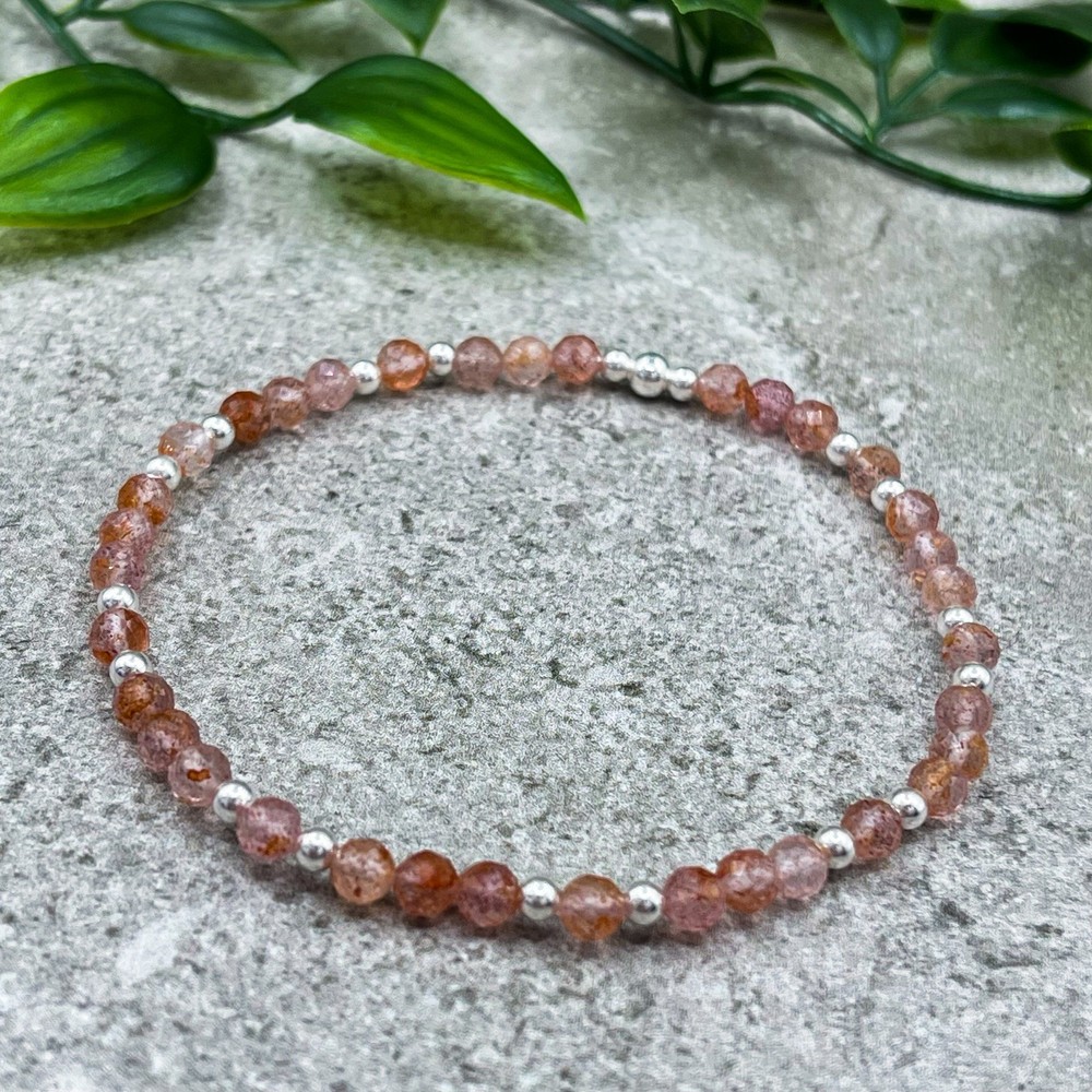 Strawberry Quartz & Sterling Silver Pink Gemstone Bead Stretch Stacking Bracelet
