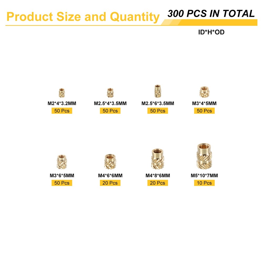 300pcs M2 M2.5 M3 M4 M5 Metric Threaded Inserts with Heat Set Insert Tips