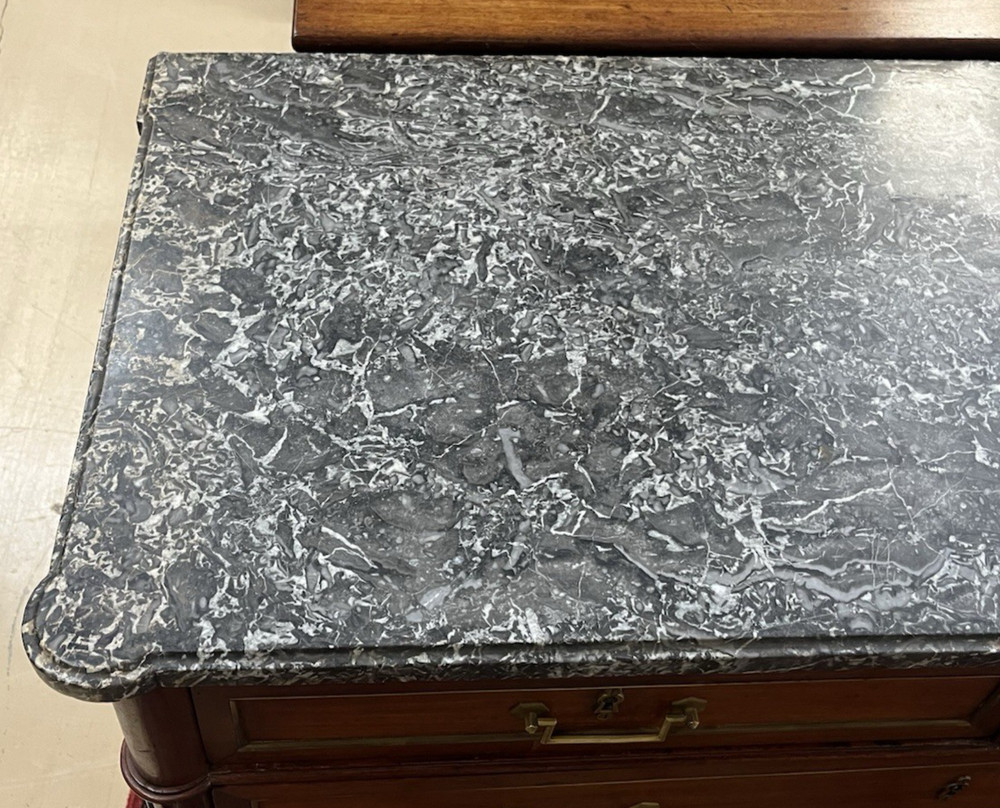 Antique French Mahogany Louis XVI Grey Marble Top Chest of Drawers 34"H x 50"L