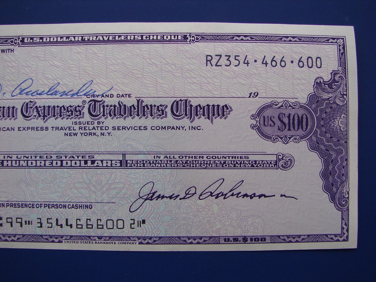 Vintage American Express Travelers Check Cheque $100 US Dollars Unused MINTY 600