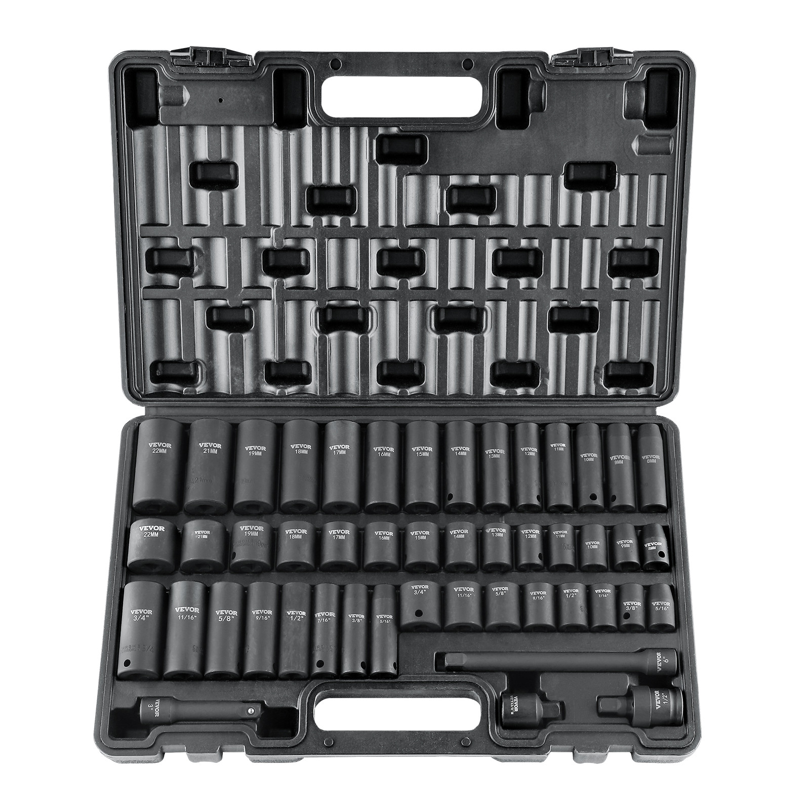 VEVOR Impact Sockets Set 48pcs 6-Point 3/8in Drive Bit Ratchet Tool Kit Case