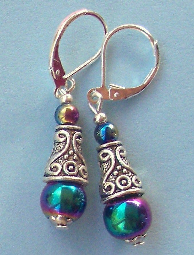 RAINBOW HEMATITE Bali cone earring SP LEVERBACK handcrafted XX