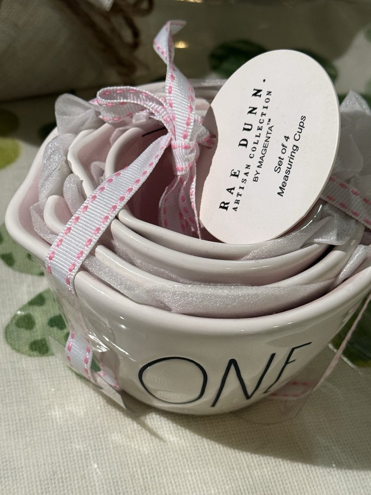 Rae Dunn White Ceramic Measuring Cups W/ Pink Interior- Nesting- 4 Pc Set