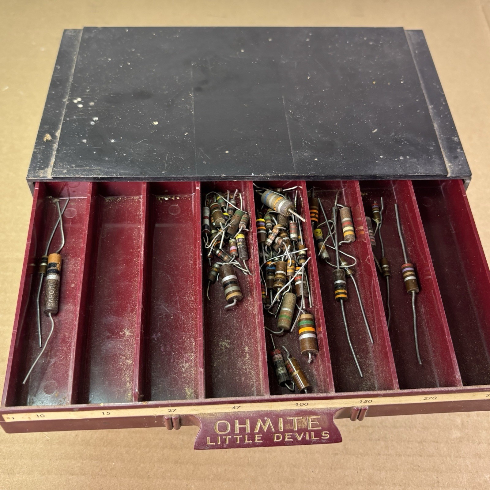 MASSIVE Lot of VTG NOS/USED Resistors w Ohmite Little Devils Storage Bin 9x5x4"
