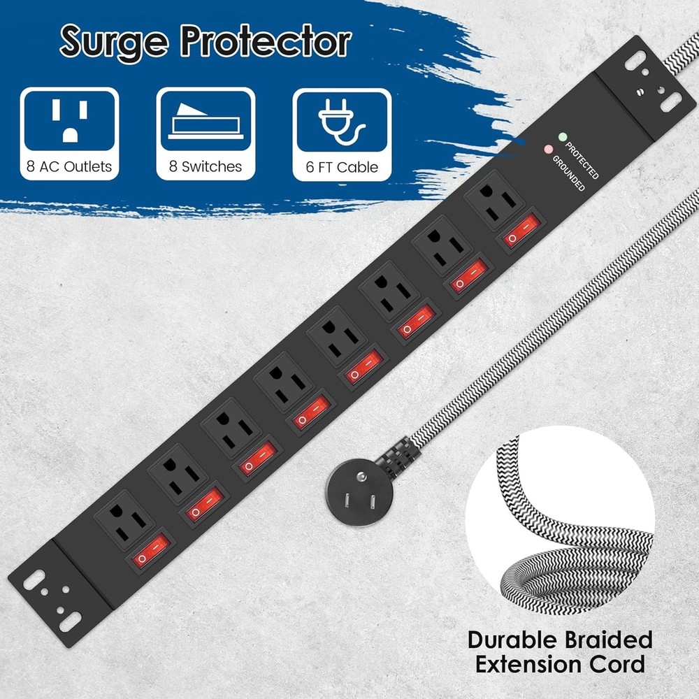 Rack Mount Power Strips,8 Outlet Strips Surge Protector with Individual Switc...
