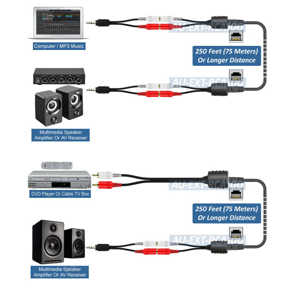 RCA Stereo Audio Balun Extender Over Cat5/Cat6 Cable Max 250FT