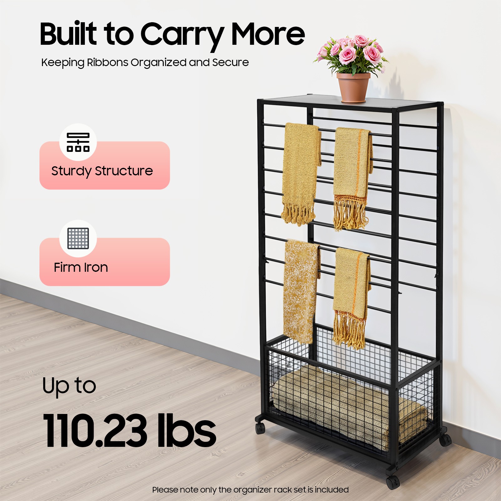 16-Tier Double-Sided Ribbon Holder Organizer Rack Ribbon Storage Holder W/ Wheel