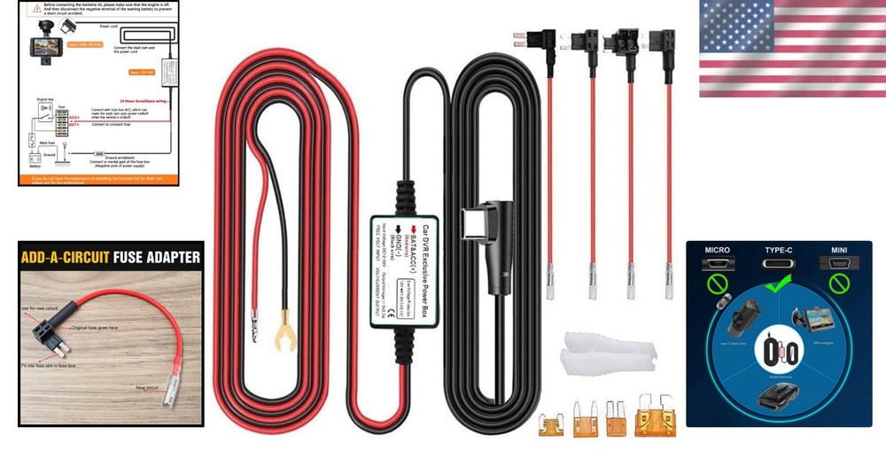 Comprehensive Hardwire Kit for Dash Cameras - Type C USB, 13ft with Fuse Adapter