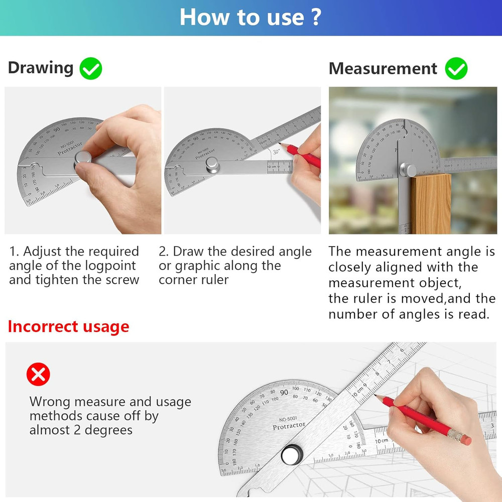 Forogore Stainless Steel Protractor 180 Degrees Two Arm Ruler Adjustable Angle P