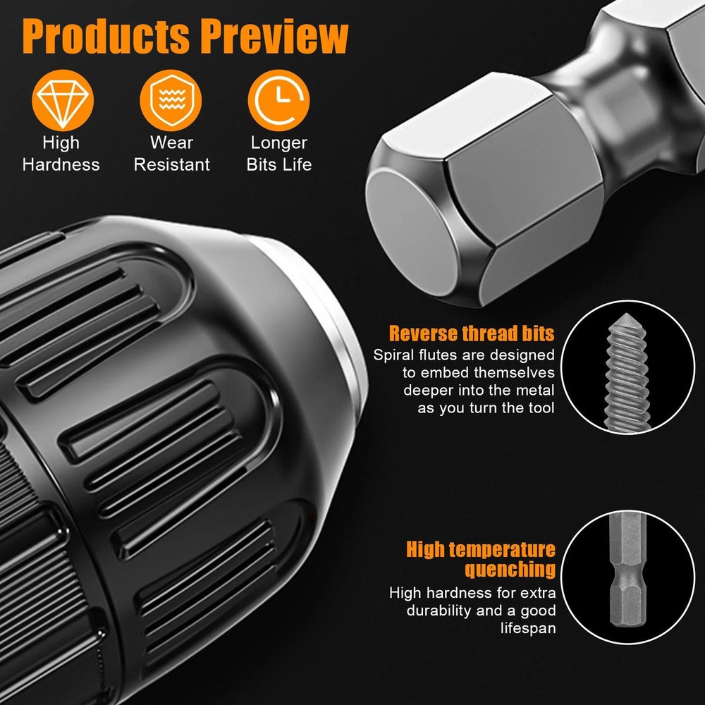 Woodworking hex shank headless screw extractor kit includes 5 different-size