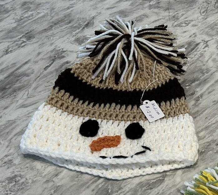Hand Crocheted Snowman Beanie Hat Medium