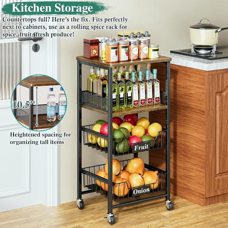 Rolling Kitchen Cart W/ Pull-Out Baskets Snack Organizer Fruit Storage