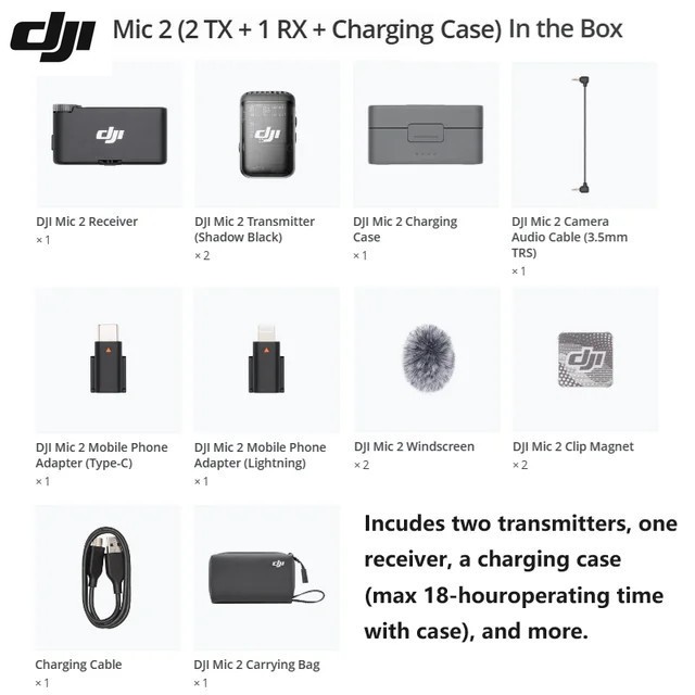 DJI Mic 2 (2 TX + 1 RX + Charging Case) Wireless Microphone for Camera & Phone
