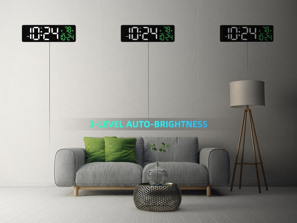 Large LED Digital Wall Clock with Date, Temperature, Auto-Brightness, Auto-DS...