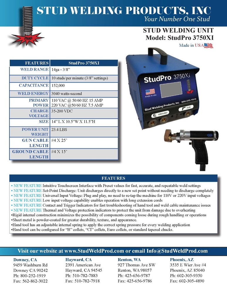 StudPro 3750XI Stud Welder 3/8" Capacitor Discharge Welder