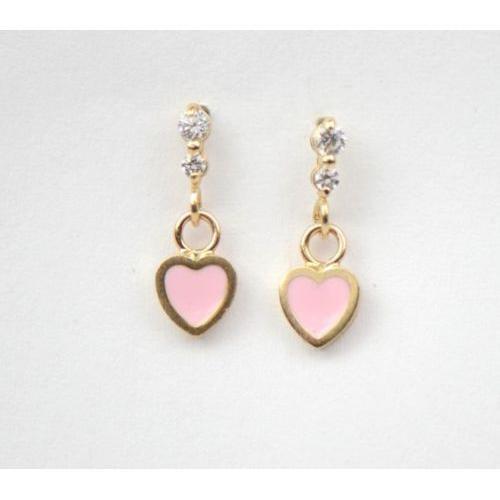 14K Solid Yellow Gold Enamel Heart Shape Dangle Stud Earring