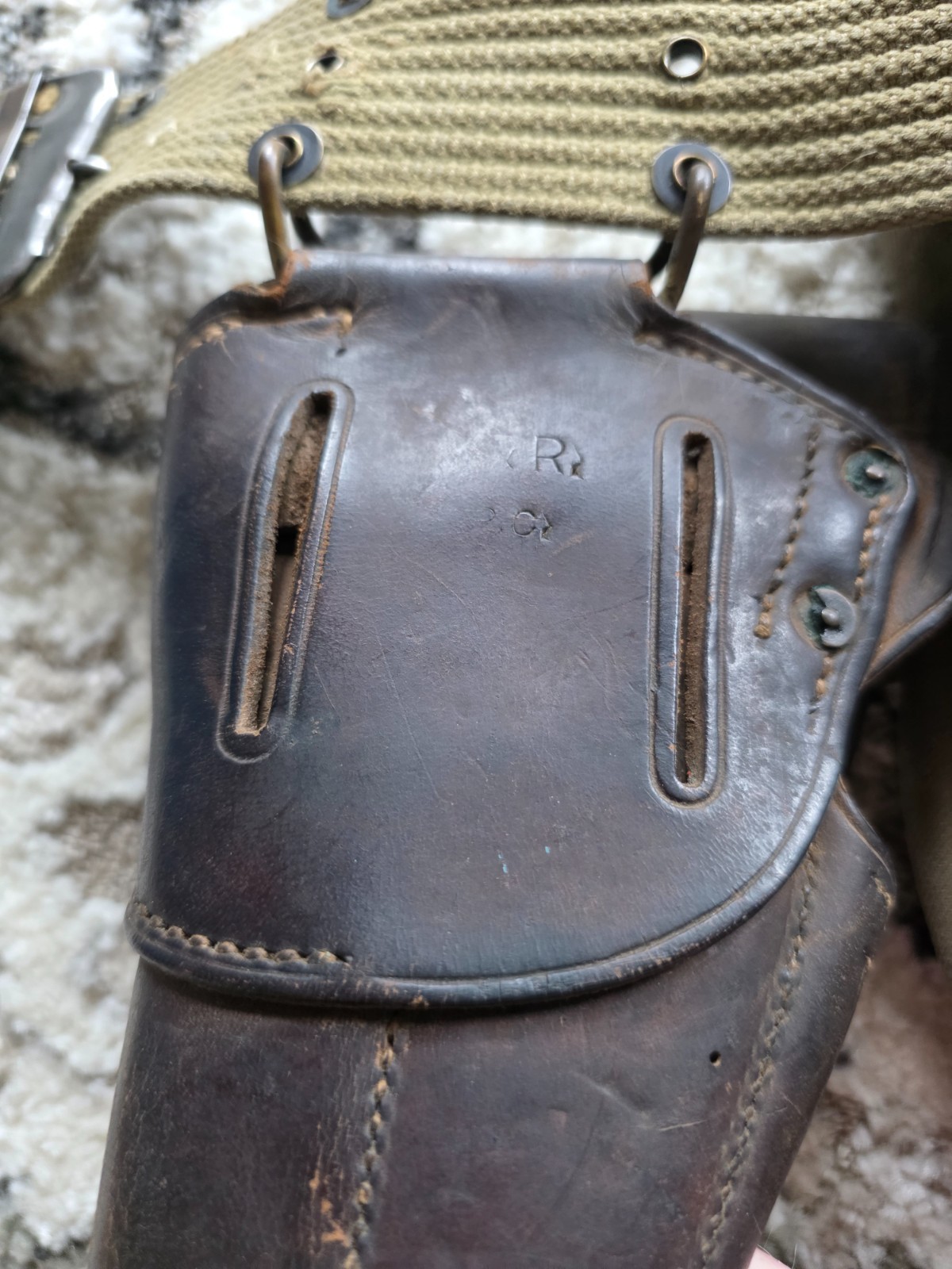 WWII era field gear lot .45 leather pistol holster canteen cover belt etc