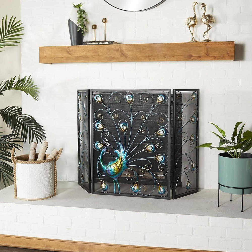 Metal Peacock Foldable Mesh Netting 3 Panel Fireplace Screen with Crystal Accent