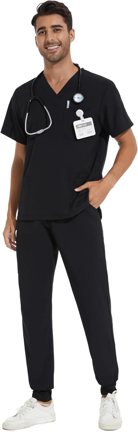 Medical Scrubs Set for Men Jogger Pants Top V-Neck Nursing Uniform with Pockets