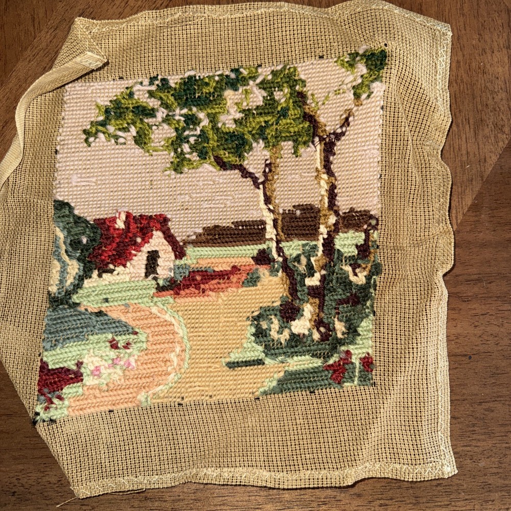 Needlepoint Complete. House With Trees.