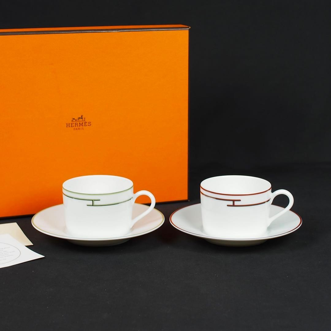 Hermes Rhythm Cup & Saucer Set 2pc White Ceramic with Box Authentic Rare
