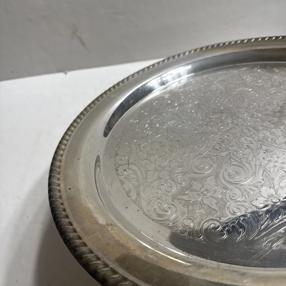 Vintage Silver Plate Serving Tray Floral Pattern 15”