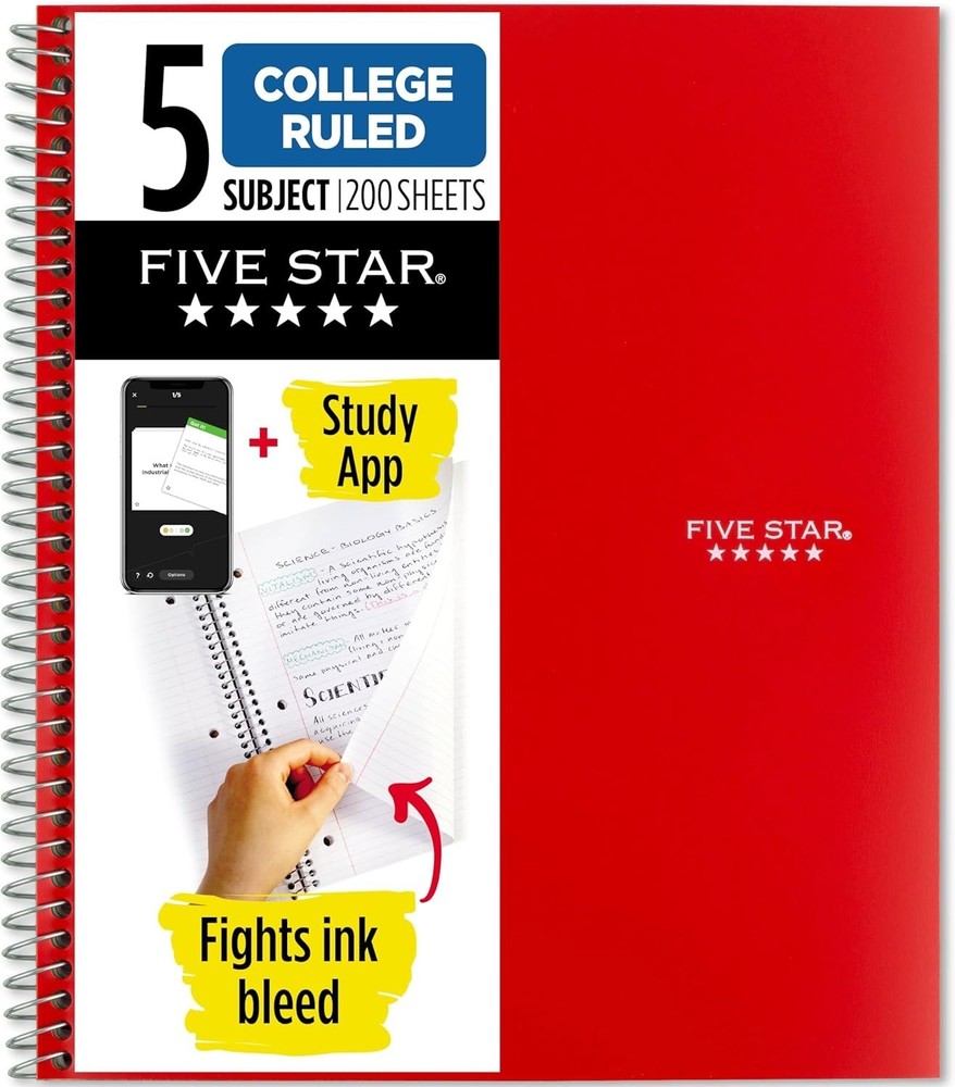 Five Star 5 Subject Spiral Notebook with Study App - 200 College Ruled Sheets