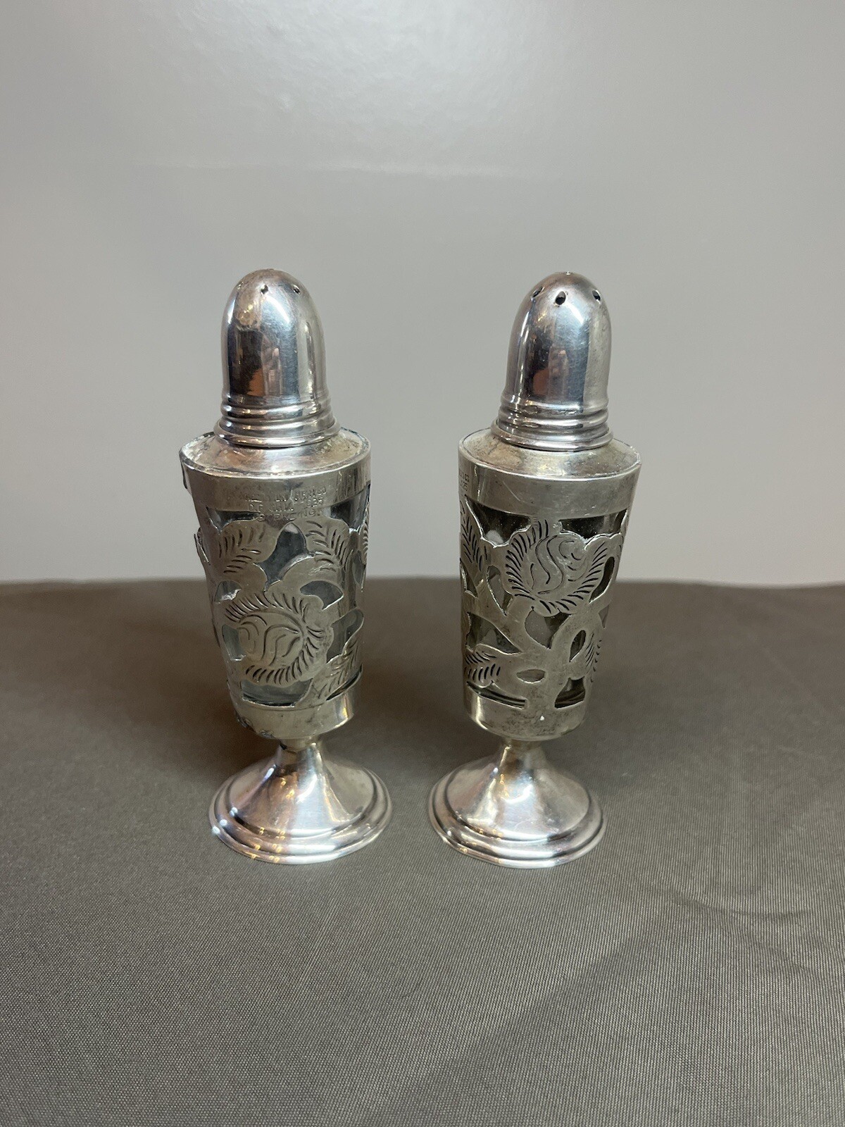 Vintage Mexico Sterling Silver Overlaid Signed D.F GHM Salt and Pepper Shakers
