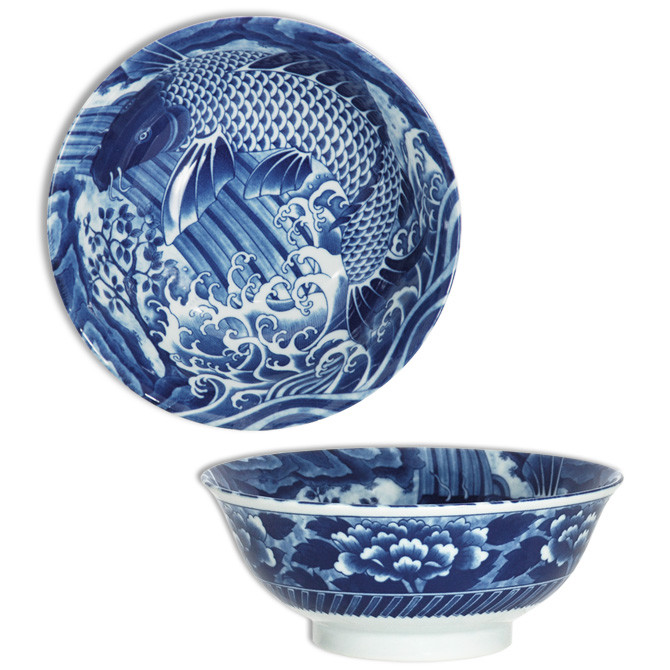 SET of 2 Japanese Ramen Soup Rice Bowl 8"D Porcelain Blue Koi Carp Made in Japan