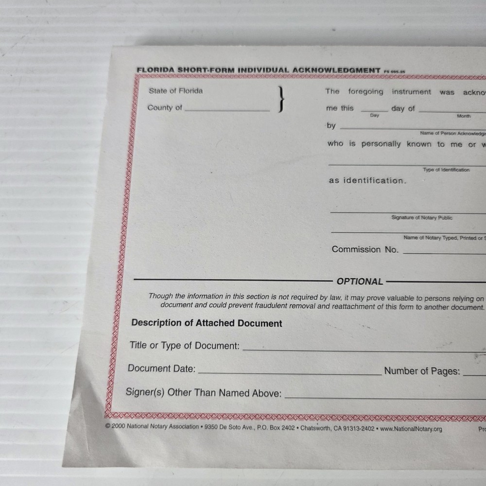Florida Individual Acknowledgment About 100 Sheets Short Form Pad