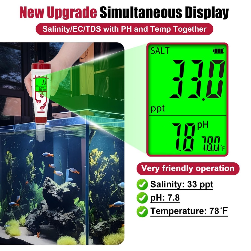 Aquarium Salinity pH Meter,Digital Pool Salt Tester,Simultaneously Display 5 ...